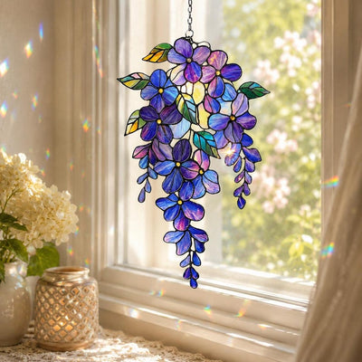 Lila Glyzinien Sonnenfänger, 2D Acryl Blume Fenster hängen Dekor, Glasmalerei Stil, 15 cm
