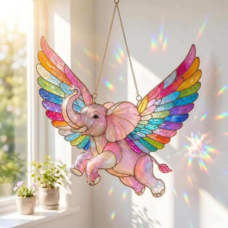 Regenbogen-Elefanten-Sonnenfänger aus Acryl in Buntglasoptik, Fensterhänger