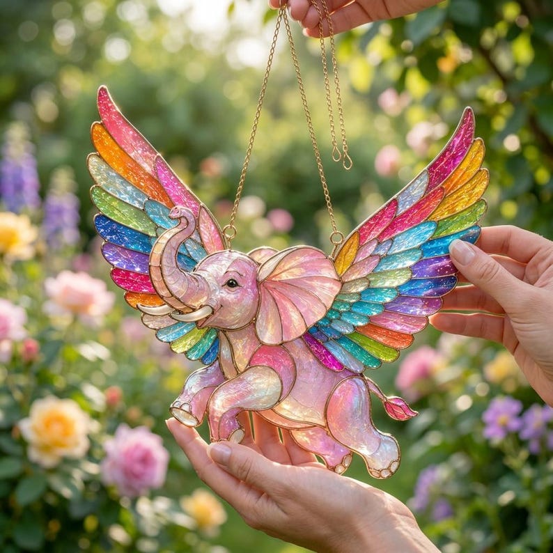 Regenbogen-Elefanten-Sonnenfänger aus Acryl in Buntglasoptik, Fensterhänger