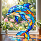 Acryl Delfin-Sonnenfänger, Wandbehang Buntglasoptik, maritimes Kunstdekor, 10-45 cm