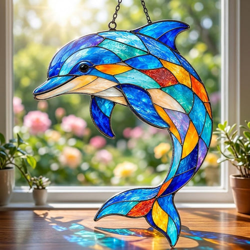 Acryl Delfin-Sonnenfänger, Wandbehang Buntglasoptik, maritimes Kunstdekor, 10-45 cm