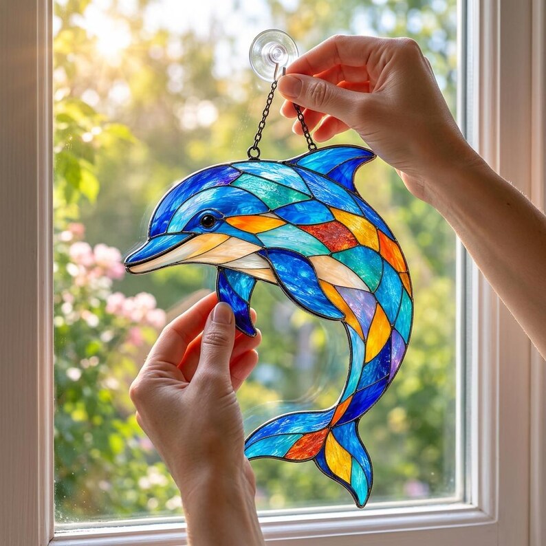 Acryl Delfin-Sonnenfänger, Wandbehang Buntglasoptik, maritimes Kunstdekor, 10-45 cm