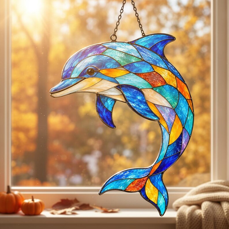 Acryl Delfin-Sonnenfänger, Wandbehang Buntglasoptik, maritimes Kunstdekor, 10-45 cm
