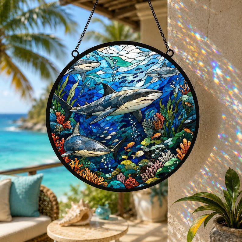 Hai Glasmalerei Suncatcher, Runder Fensterbehang Küstendekor, Ocean Strandhaus Wandkunst, Nautisches Meeresleben Geschenk