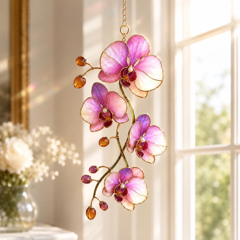 Wellenförmiger Acryl-Orchideen-Sonnenfänger, rosa-lila, Fensterhänger, exotische Blume