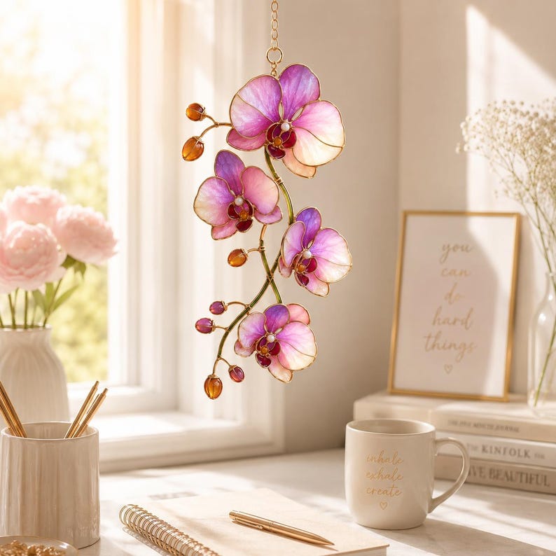 Wellenförmiger Acryl-Orchideen-Sonnenfänger, rosa-lila, Fensterhänger, exotische Blume