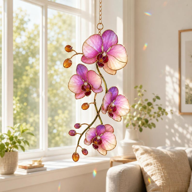 Wellenförmiger Acryl-Orchideen-Sonnenfänger, rosa-lila, Fensterhänger, exotische Blume
