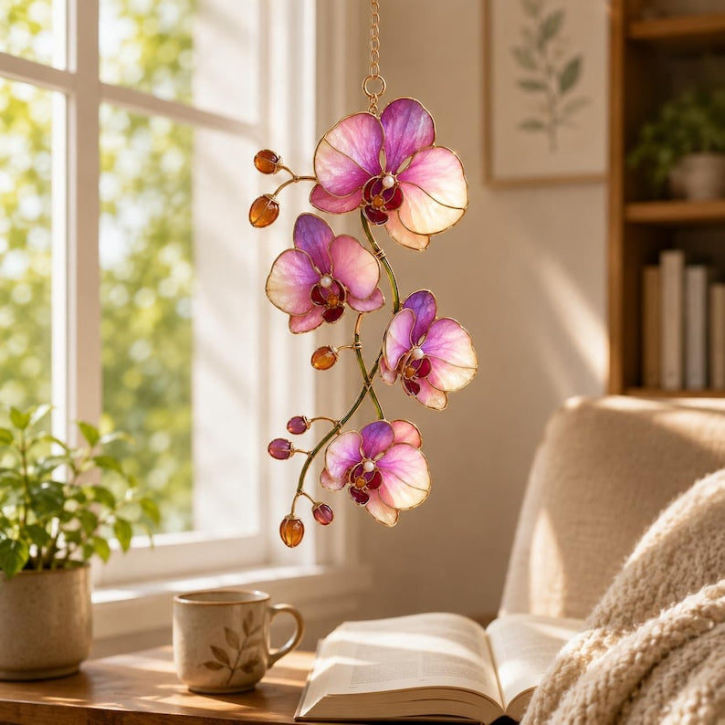 Wellenförmiger Acryl-Orchideen-Sonnenfänger, rosa-lila, Fensterhänger, exotische Blume