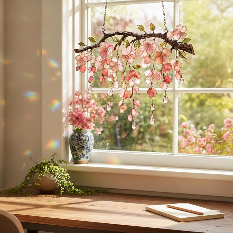 Kirschblüten-Sonnenfänger aus Acryl für Fenster, Buntglasoptik, Rosa, Frühlingsdeko