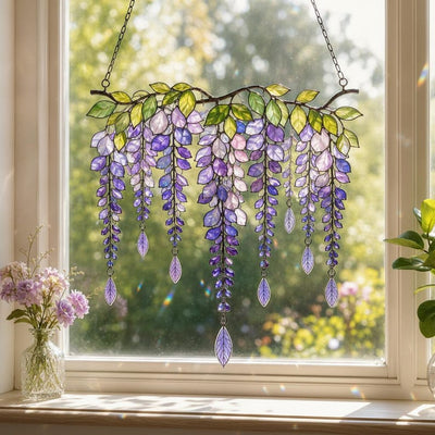 Glyzinien Suncatcher Acryl Fensterbehang Faux Buntglas Lila Blume Dekor