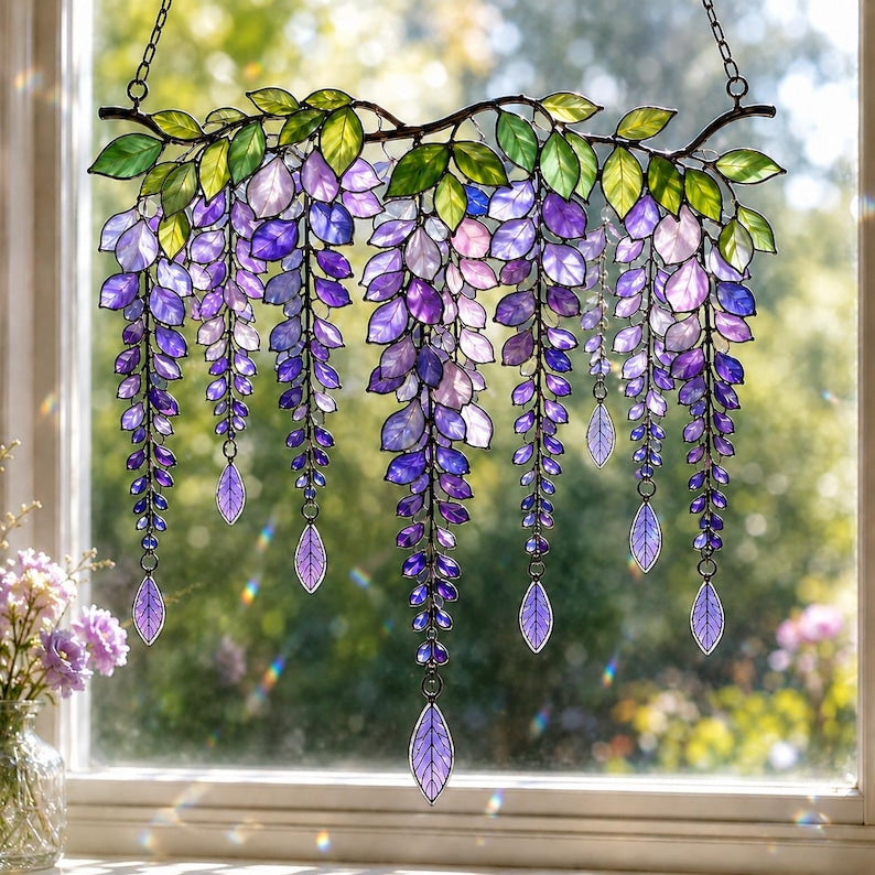 Glyzinien Suncatcher Acryl Fensterbehang Faux Buntglas Lila Blume Dekor