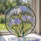 Buntglas-Sonnenfänger mit lila Freesien, 8 Zoll, floraler Fensterhänger