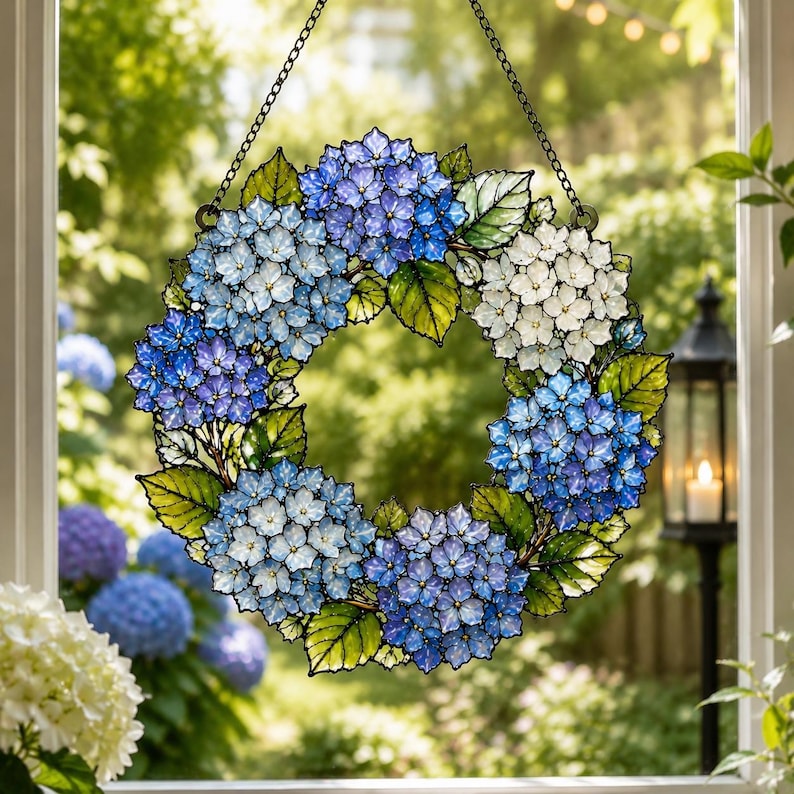 Hortensien-Sonnenfänger, Acryl-Fensterdekoration mit blauen Hortensienblüten