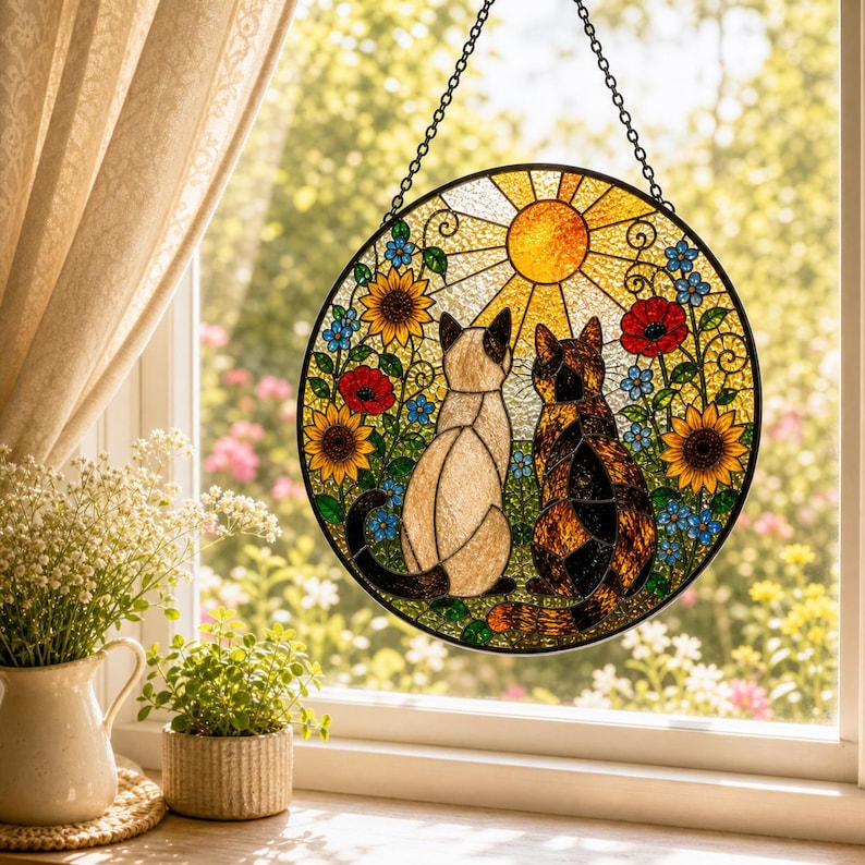 Runder Buntglas-Sonnenfänger mit Katzenpaar, 6-12 Zoll, für Fenster