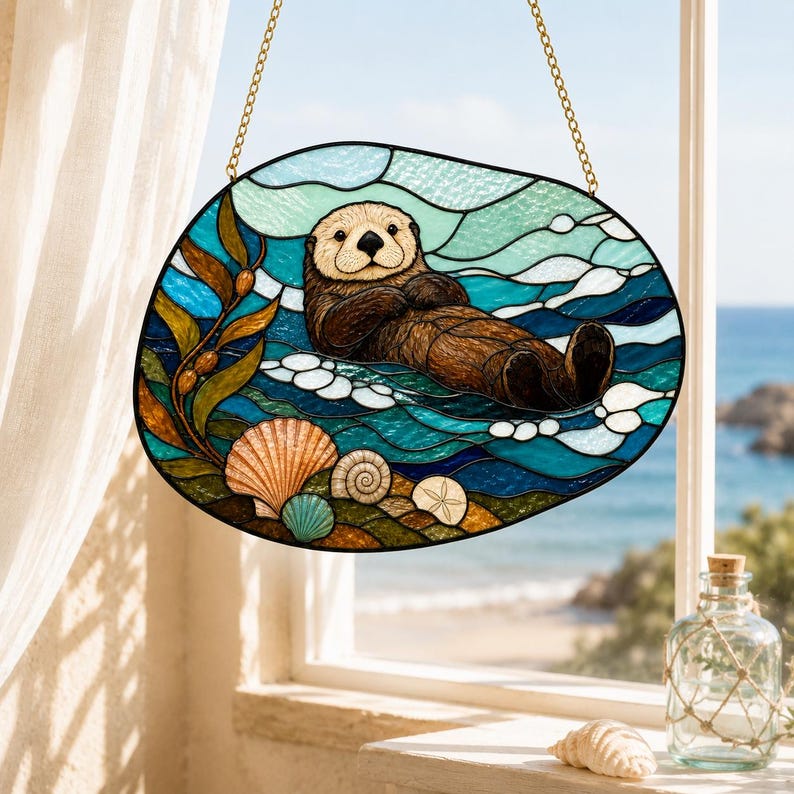 Acryl Seeotter Sonnenfänger Fensterdekoration mit Seetangmotiv Küstenstil Buntglasoptik