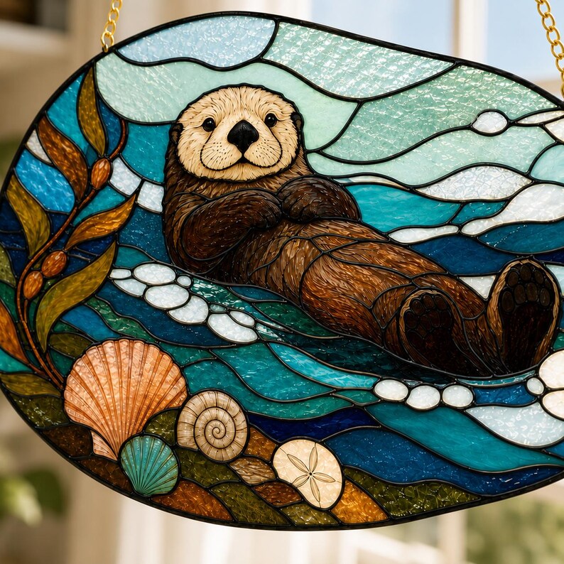 Acryl Seeotter Sonnenfänger Fensterdekoration mit Seetangmotiv Küstenstil Buntglasoptik