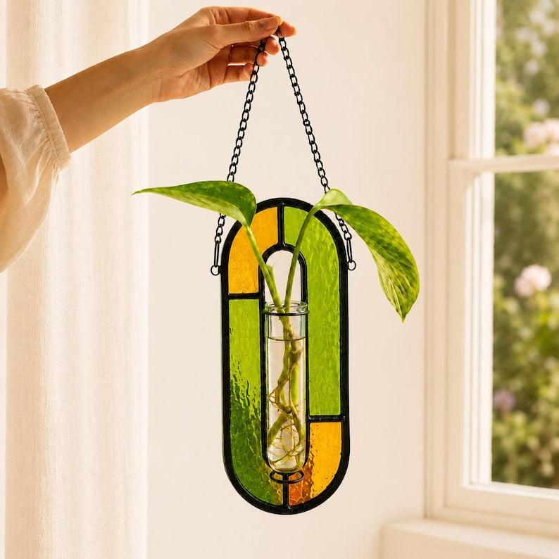 Hängende Blumenvase aus Buntglas zur Pflanzenvermehrung, handgefertigter Wandpflanztopf