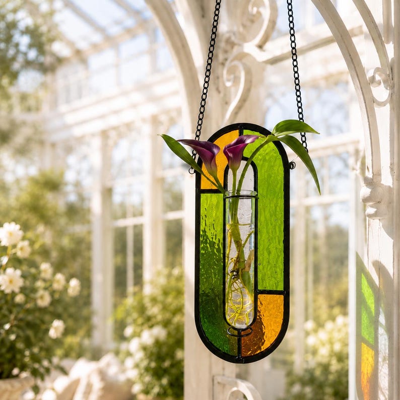 Hängende Blumenvase aus Buntglas zur Pflanzenvermehrung, handgefertigter Wandpflanztopf