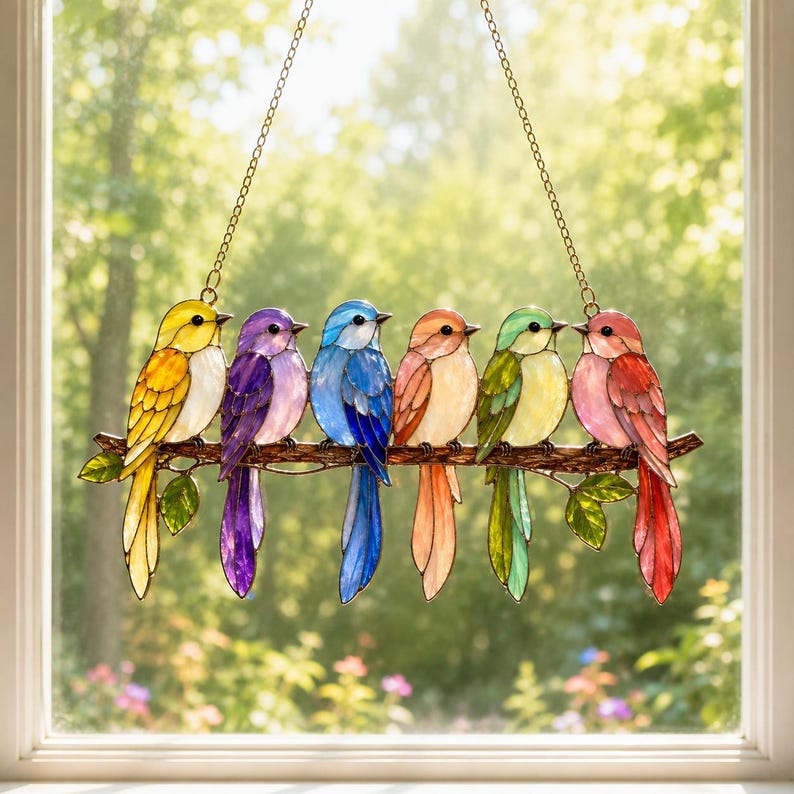 Acryl-Vogel-Sonnenfänger, Wandbehang in Buntglasoptik, farbenfrohes Dekor für Zuhause