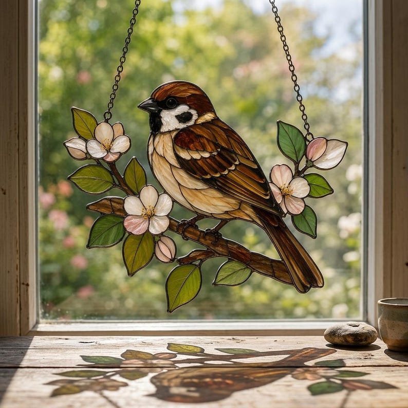 Acryl-Sonnenfänger mit Sperling und Kirschblüten in Buntglasoptik, 10-45 cm