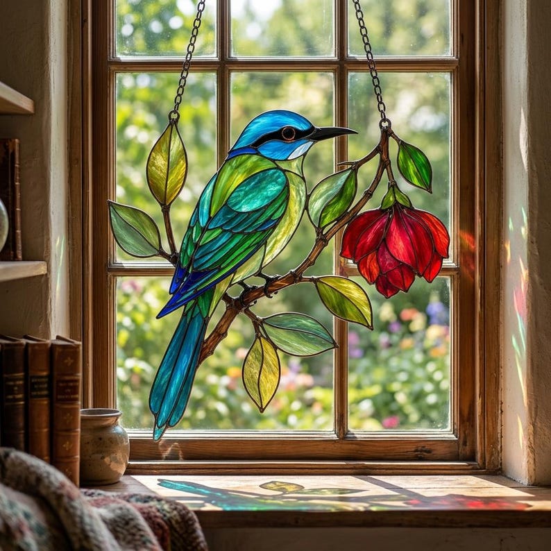 Vogel-Sonnenfänger aus Acryl, bunt, zum Aufhängen am Fenster, Dekoration in Buntglasoptik