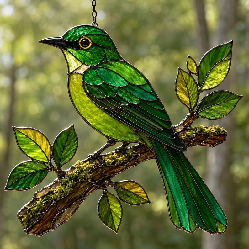 Grüner Vogel Acryl-Sonnenfänger, Fensterdekoration in Buntglasoptik, Naturdeko, Gartenkunst, Terrassendekoration