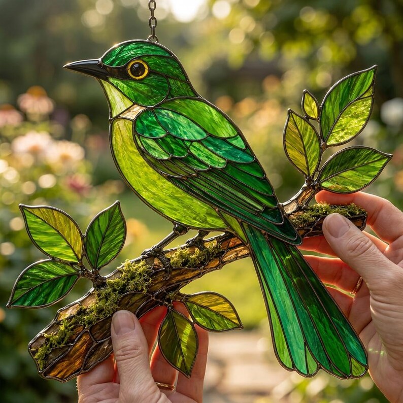 Grüner Vogel Acryl-Sonnenfänger, Fensterdekoration in Buntglasoptik, Naturdeko, Gartenkunst, Terrassendekoration