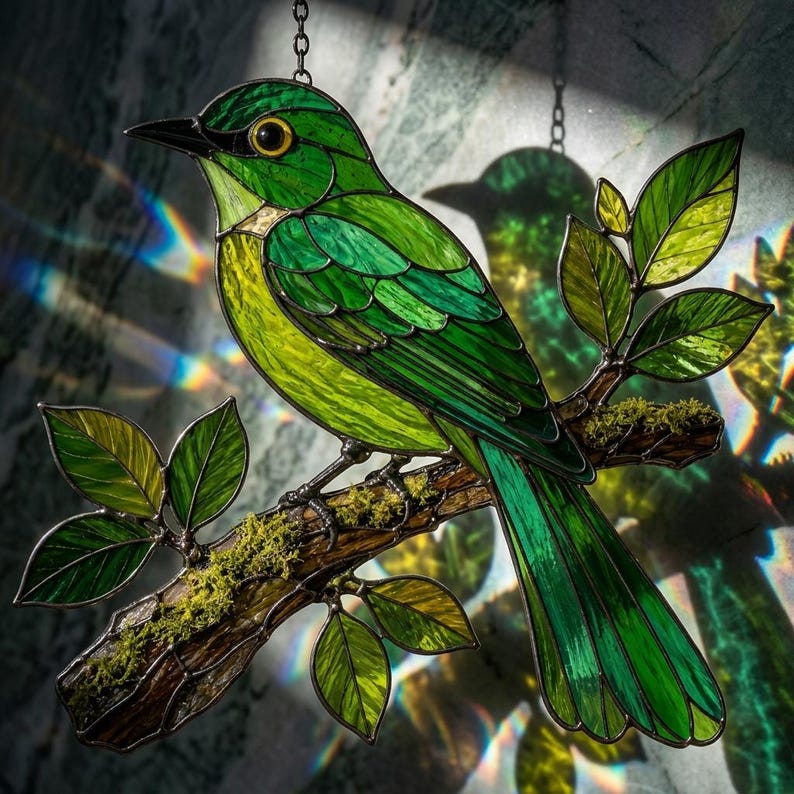 Grüner Vogel Acryl-Sonnenfänger, Fensterdekoration in Buntglasoptik, Naturdeko, Gartenkunst, Terrassendekoration