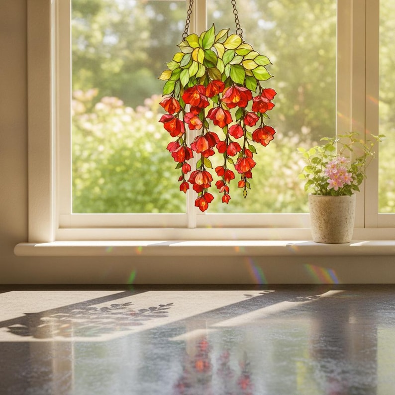 Roter Acryl-Sonnenfänger mit Blumenmuster, 10–45 cm, Deko-Aufhänger für Fenster