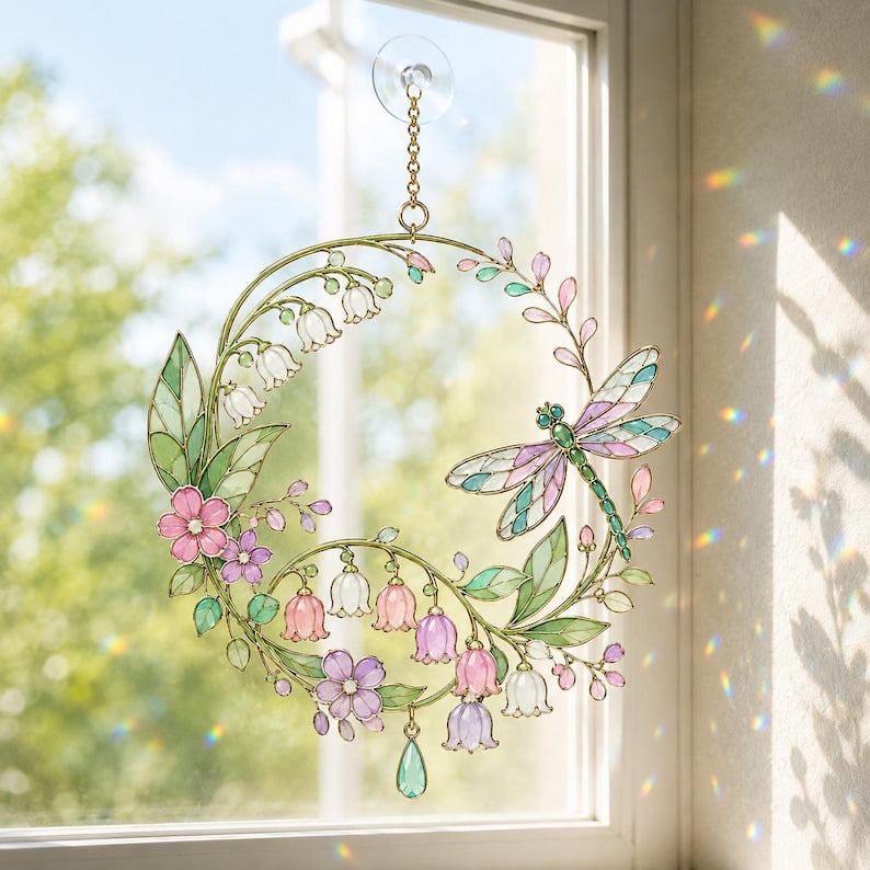 Acryl Sonnenfänger Libelle mit floralem Muster, Fensterhänger Maiglöckchen-Imitation