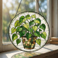 Grüne Blätter Efeu Buntglas Sonnenfänger Fensterdekoration, UV-Druck Glaskunst, 3 Größen, Hängend