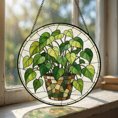 Grüne Blätter Efeu Buntglas Sonnenfänger Fensterdekoration, UV-Druck Glaskunst, 3 Größen, Hängend