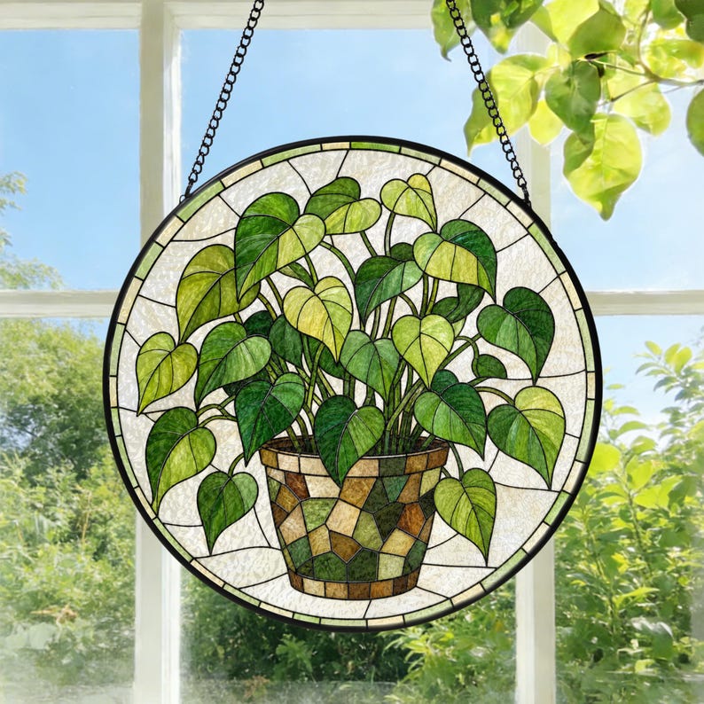 Grüne Blätter Efeu Buntglas Sonnenfänger Fensterdekoration, UV-Druck Glaskunst, 3 Größen, Hängend