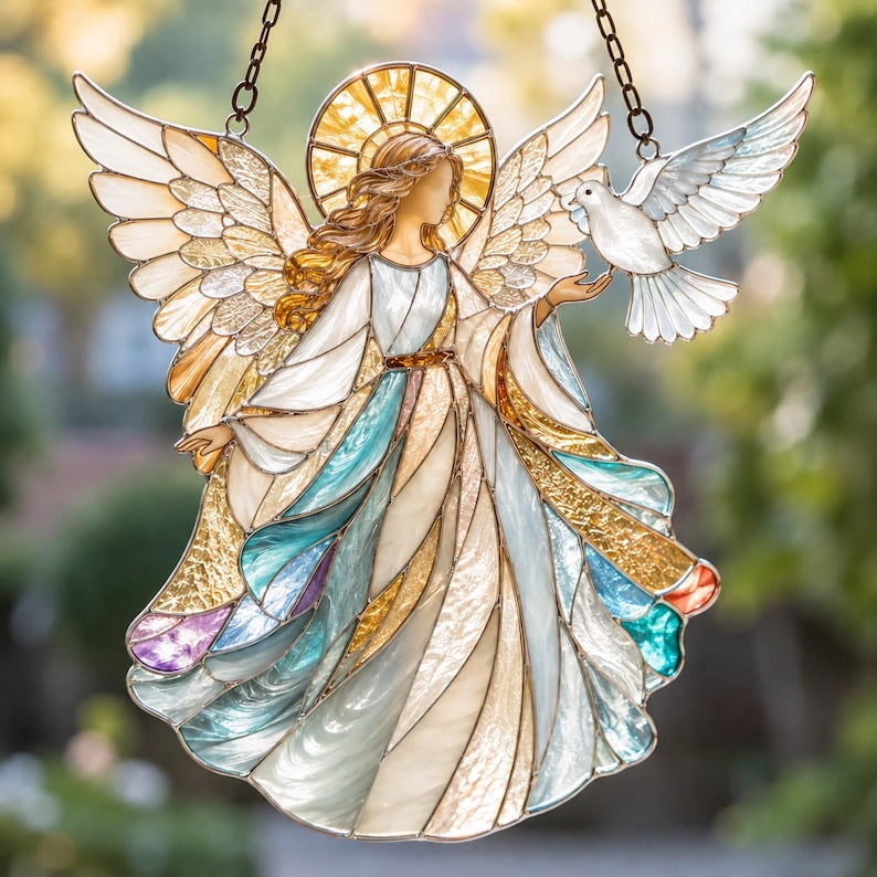 Acryl-Sonnenfänger mit Engel und Taube, Buntglasoptik, Metallkette, 10-45 cm, religiöse Dekoration