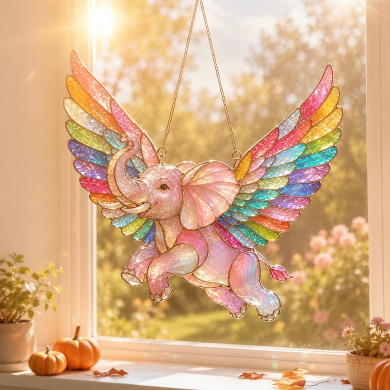 Regenbogen-Elefanten-Sonnenfänger aus Acryl in Buntglasoptik, Fensterhänger