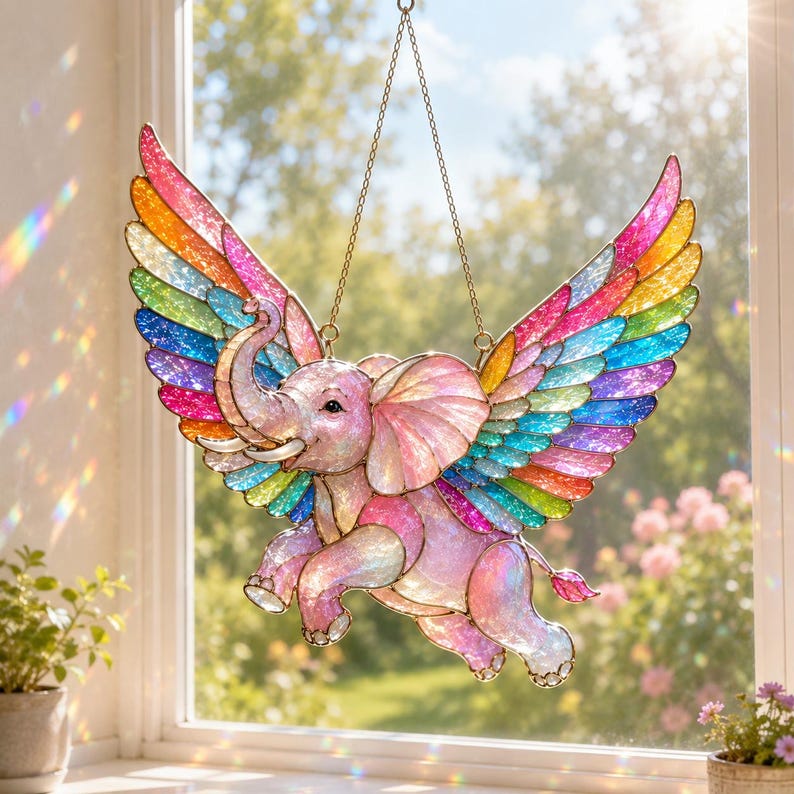 Regenbogen-Elefanten-Sonnenfänger aus Acryl in Buntglasoptik, Fensterhänger