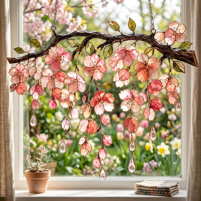 Kirschblüten-Sonnenfänger aus Acryl für Fenster, Buntglasoptik, Rosa, Frühlingsdeko