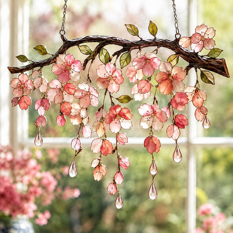 Kirschblüten-Sonnenfänger aus Acryl für Fenster, Buntglasoptik, Rosa, Frühlingsdeko