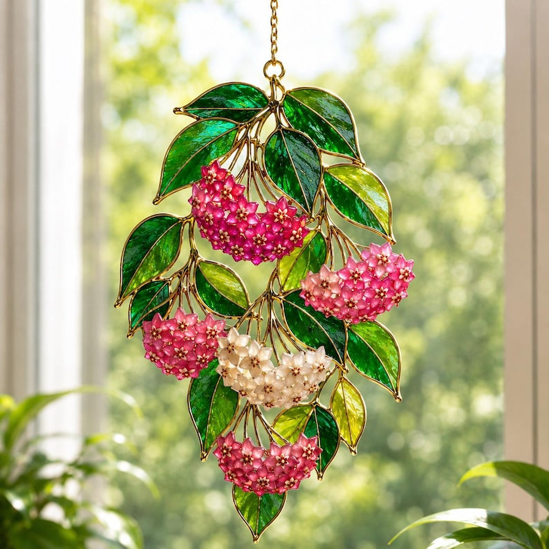 Acryl Sonnenfänger Fensterbild mit Hoya Blüte in Buntglasoptik