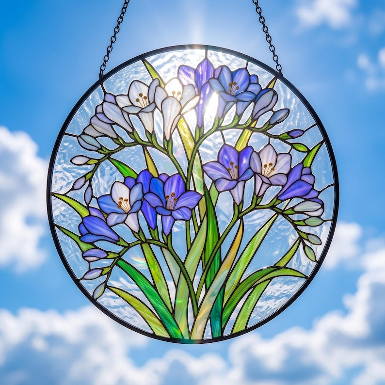 Buntglas-Sonnenfänger mit lila Freesien, 8 Zoll, floraler Fensterhänger