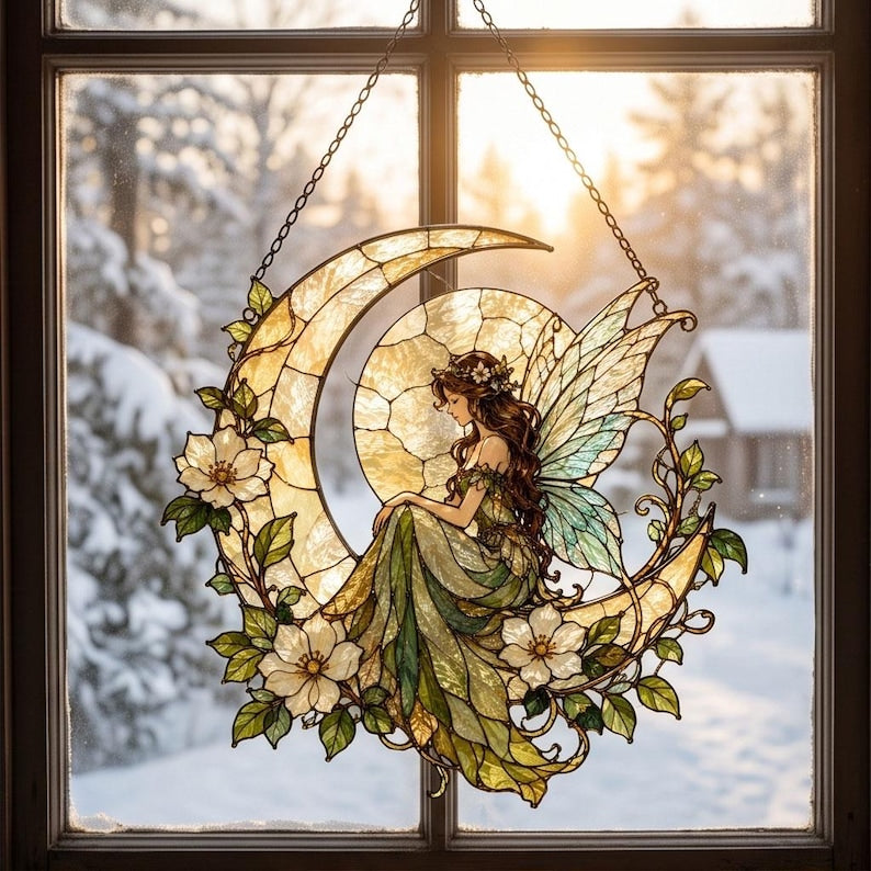 Acryl-Sonnenfänger Mondfee, Halbmond-Feenfensterhänger, Fantasie-Feenornament, Cottagecore-Dekoration