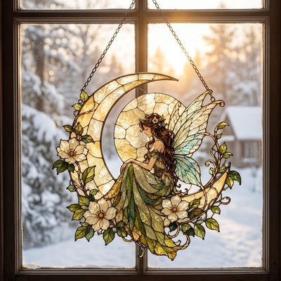 Acryl-Sonnenfänger Mondfee, Halbmond-Feenfensterhänger, Fantasie-Feenornament, Cottagecore-Dekoration