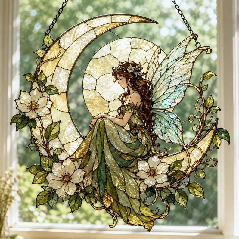 Acryl-Sonnenfänger Mondfee, Halbmond-Feenfensterhänger, Fantasie-Feenornament, Cottagecore-Dekoration