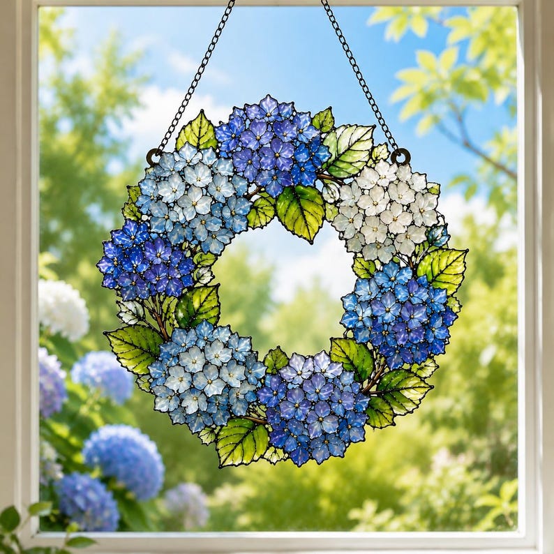 Hortensien-Sonnenfänger, Acryl-Fensterdekoration mit blauen Hortensienblüten