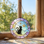 Schwarze Katze Glasfenster Sonnenfänger mit Sternenmotiv, Monddekoration, 10-30 cm