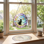 Schwarze Katze Glasfenster Sonnenfänger mit Sternenmotiv, Monddekoration, 10-30 cm