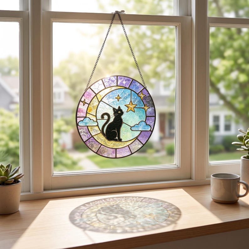 Schwarze Katze Glasfenster Sonnenfänger mit Sternenmotiv, Monddekoration, 10-30 cm