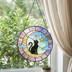 Schwarze Katze Glasfenster Sonnenfänger mit Sternenmotiv, Monddekoration, 10-30 cm