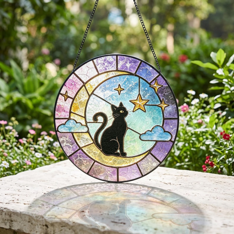 Schwarze Katze Glasfenster Sonnenfänger mit Sternenmotiv, Monddekoration, 10-30 cm