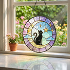 Schwarze Katze Glasfenster Sonnenfänger mit Sternenmotiv, Monddekoration, 10-30 cm